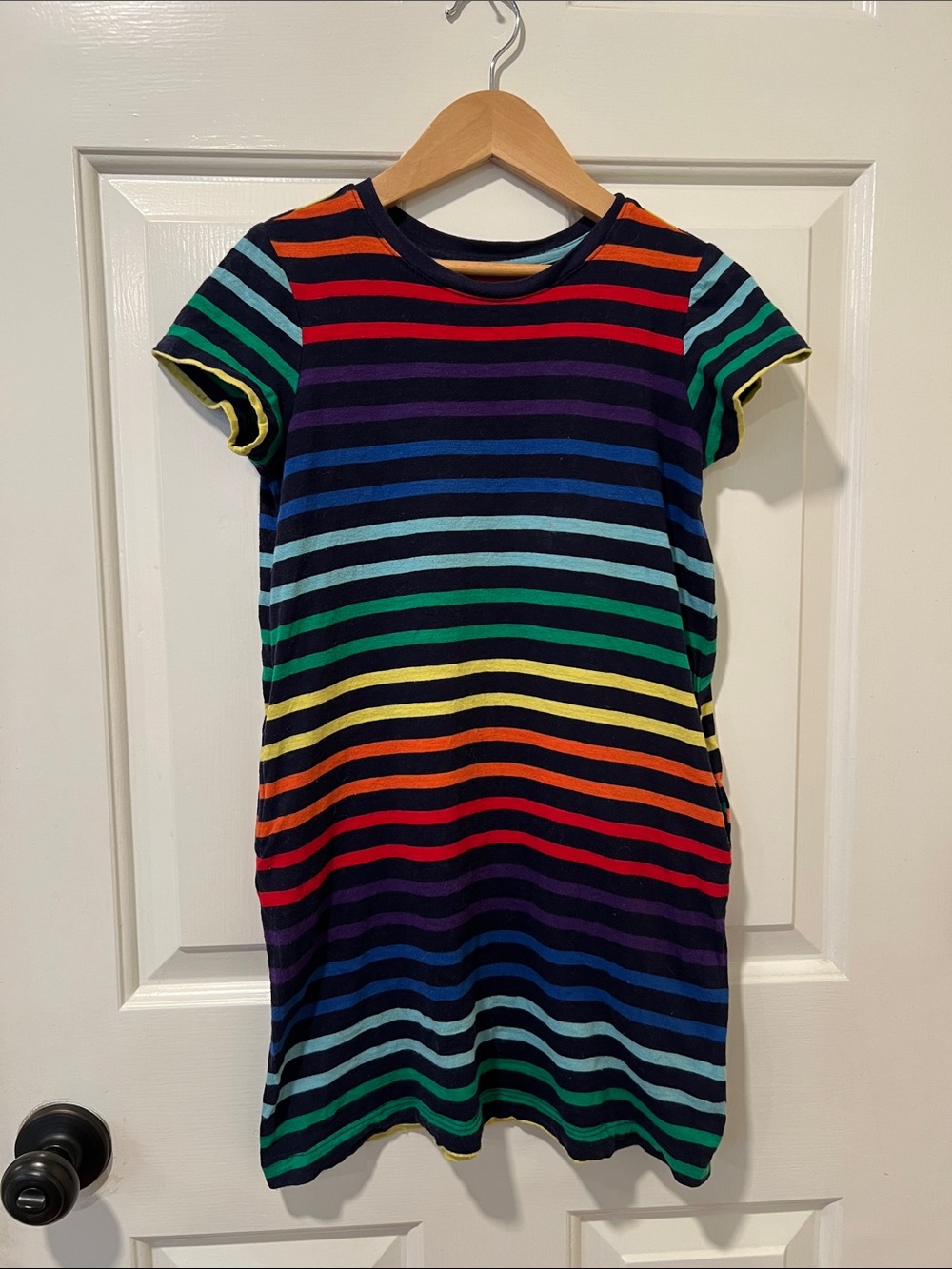 Primary Multicolor Rainbow Stripe Short Sleeve Dress - Navy Base